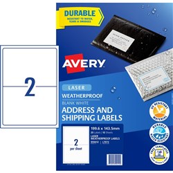 Avery Weatherproof Address & Shipping Laser White L7072 199.6 x 143.5mm 2UP 20 Labels