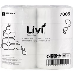 Livi Basics Toilet Paper Rolls 1 Ply Jumbo Roll 500m Pack of 8