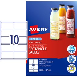 Avery Durable Blank Printable Labels L7148 96x51mm Rectangle Matte White 10UP 100 Labels