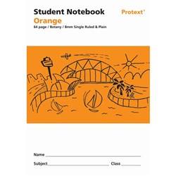 Protext Student Note Book 250 x 175mm Single Ruled 8mm/Plain 64 Page Orange