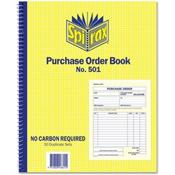 Spirax 501 Purchase Order Book Carbonless Quarto 250x200mm 50 Duplicate Sets Side Opening