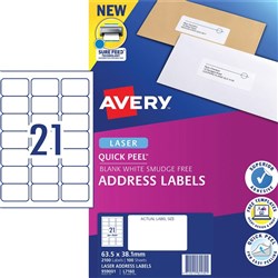 Avery Quick Peel Address Laser White L7160 63.5x38.1mm 21UP 2100 Labels 100 Sheets